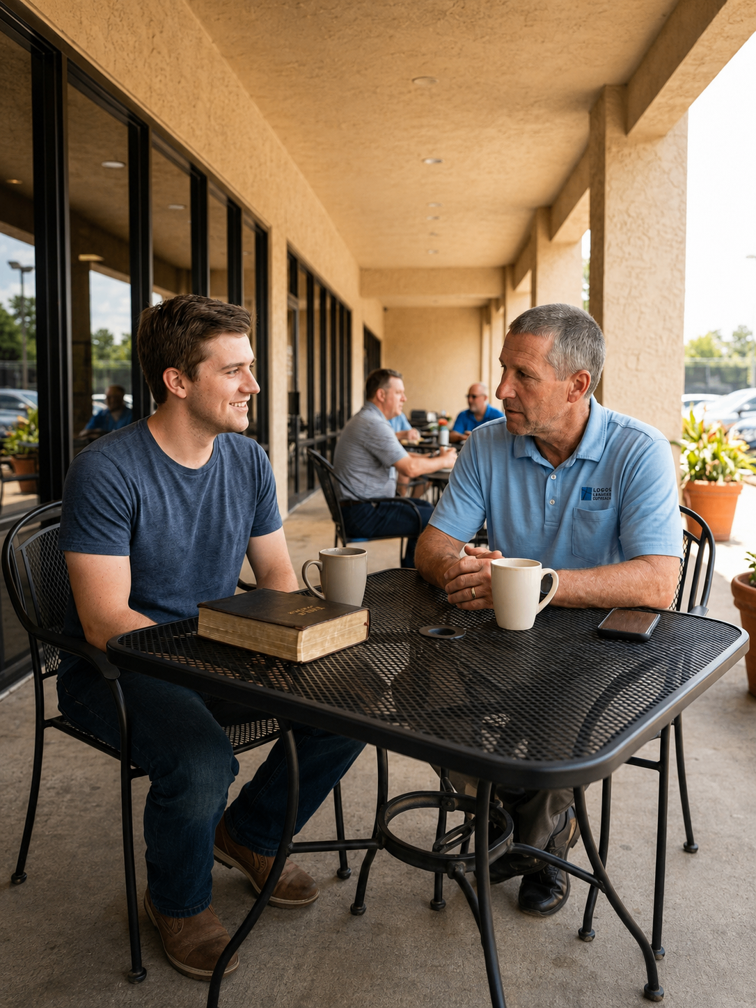 A mentor and a young man in relational discipleship conversation over coffee
